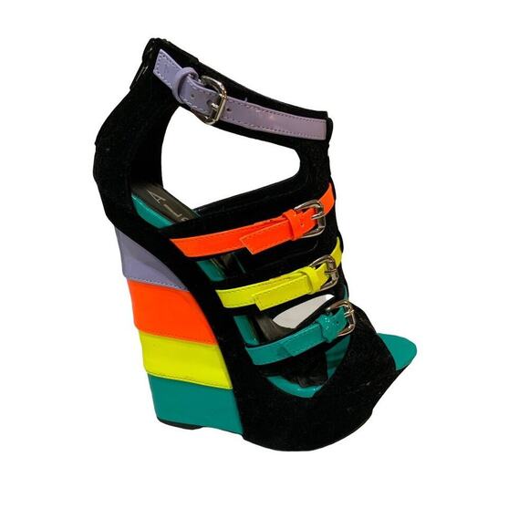 Alba Candy Neon Colorful Velvet Leather Buckle Strap Women's Sz 5.5 Wedge Sandal - Picture 3 of 10